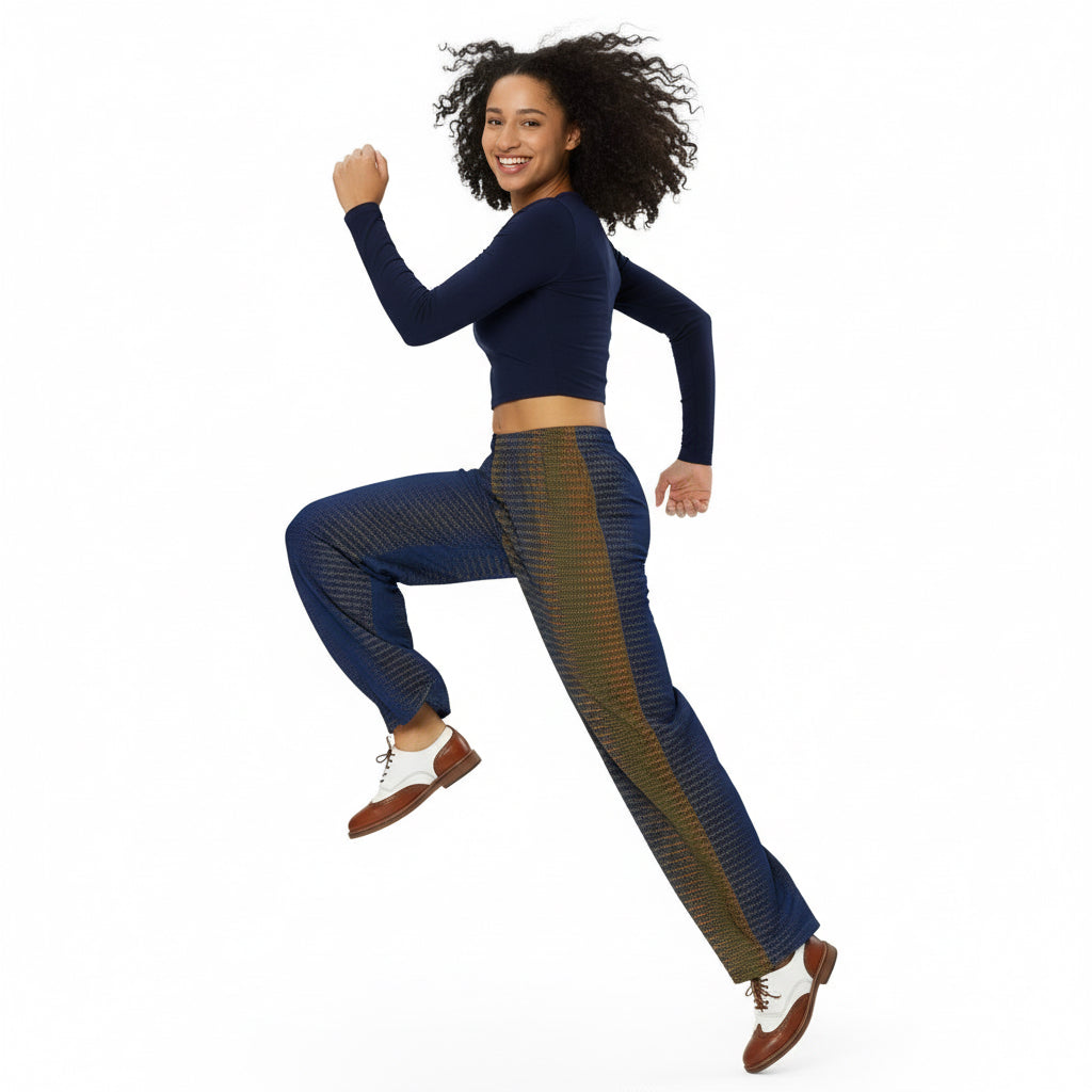 Woman wearing a beige sweater and checkered pants on a white background