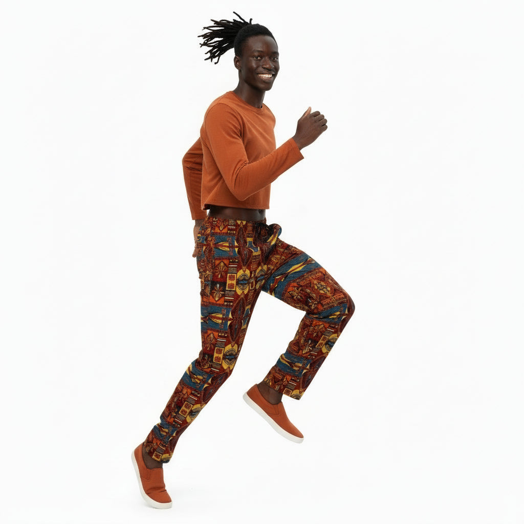 Person wearing a rusty t-shirt and patterned pants on a white background