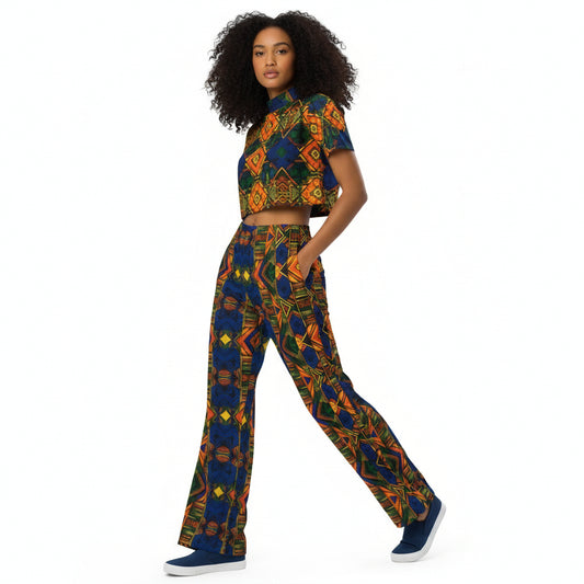 Woman wearing colorful patterned pants and a white crop top on a white background