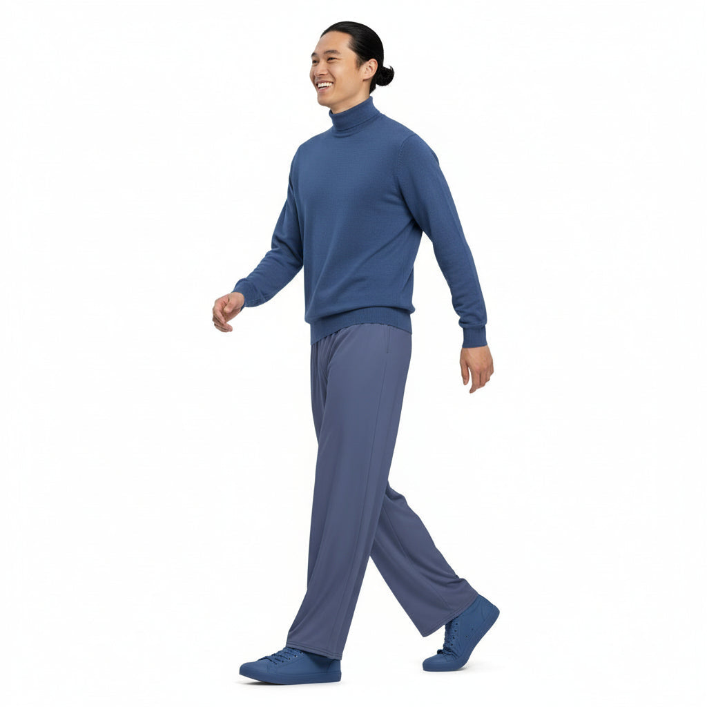 Person wearing a beige shirt and blue pants on a white background