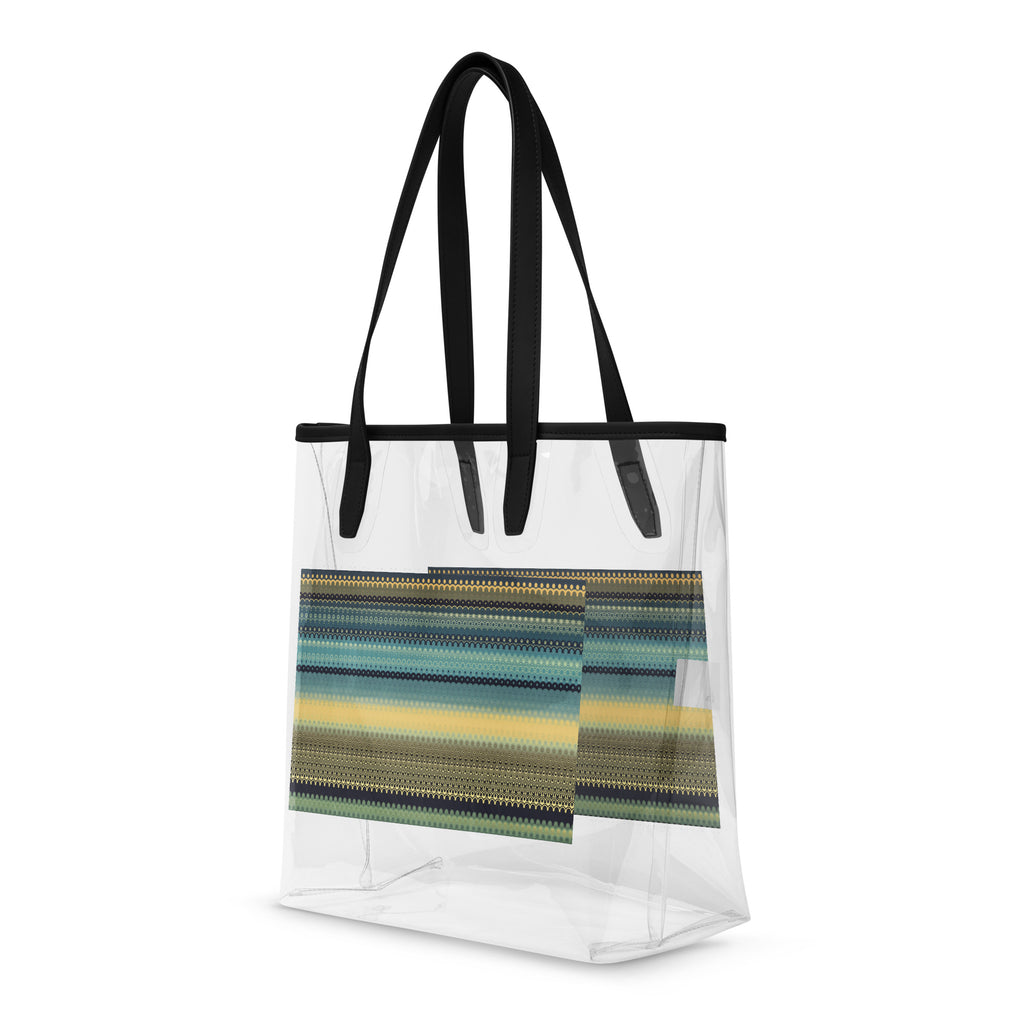 Clear tote bag with black handles and a colorful striped pattern on a white background