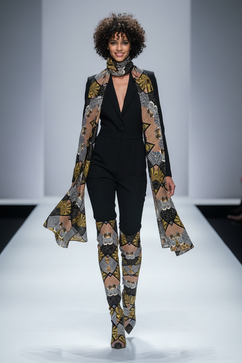 Model walking on a runway wearing a patterned outfit with a black top and pants.