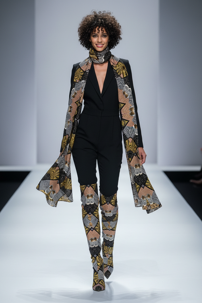 Model walking on a runway wearing a patterned outfit with a black top and pants.