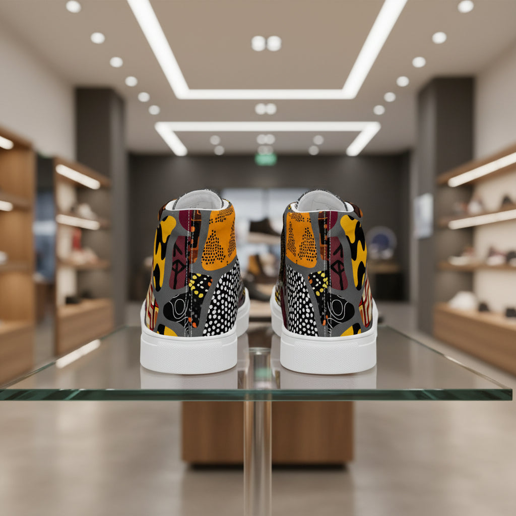 Pair of high-top sneakers with a colorful abstract pattern 