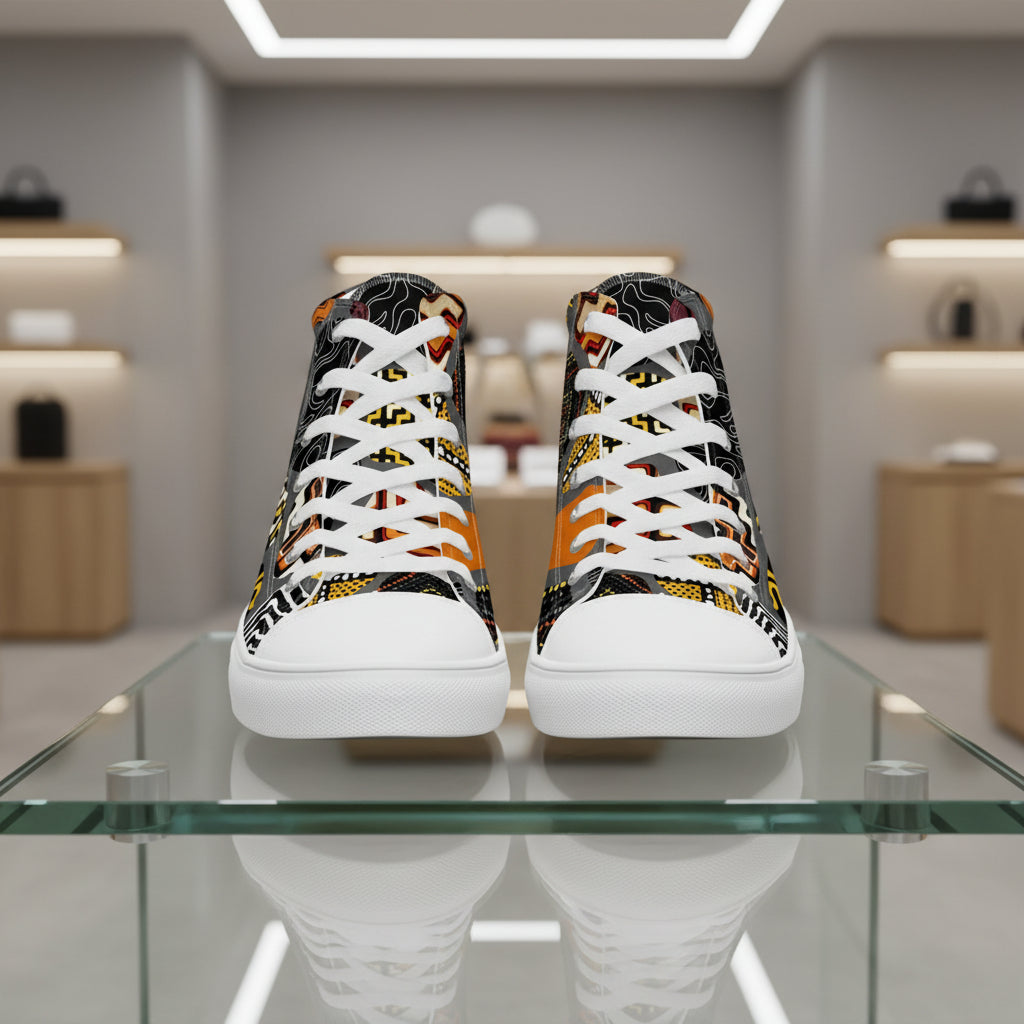 Pair of high-top sneakers with a colorful pattern on a glass surface in a store setting.