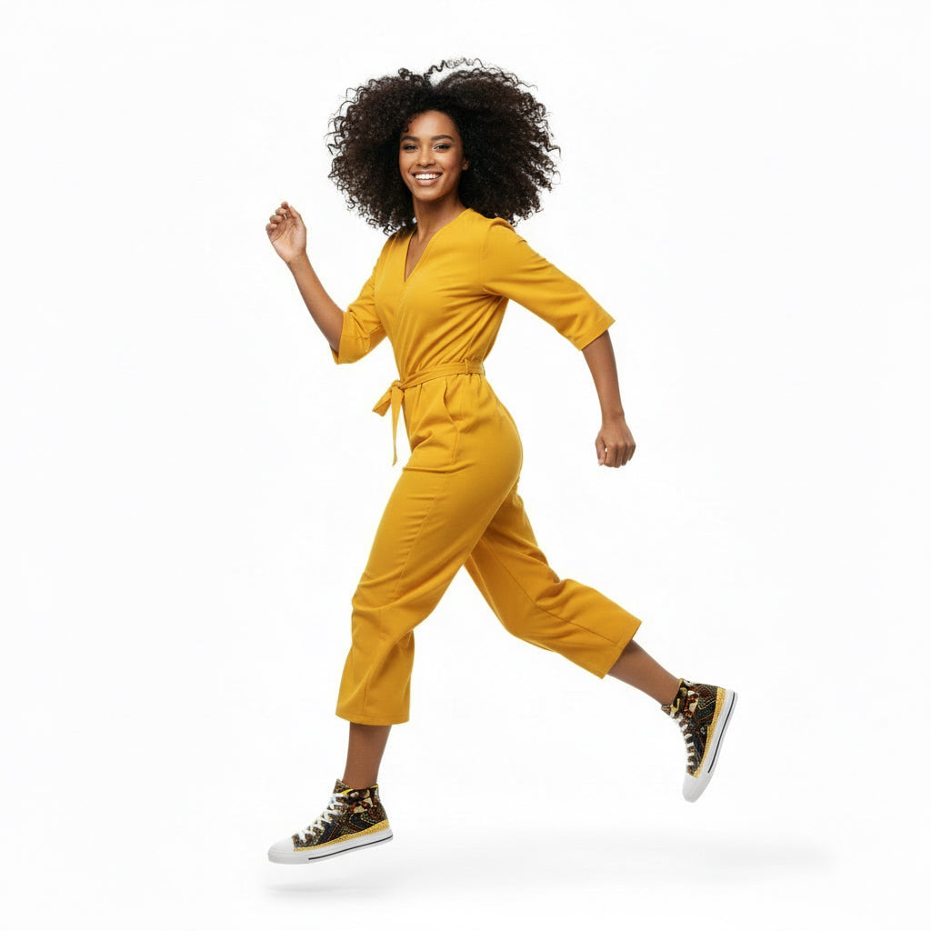 Woman in a yellow jumpsuit running on a white background