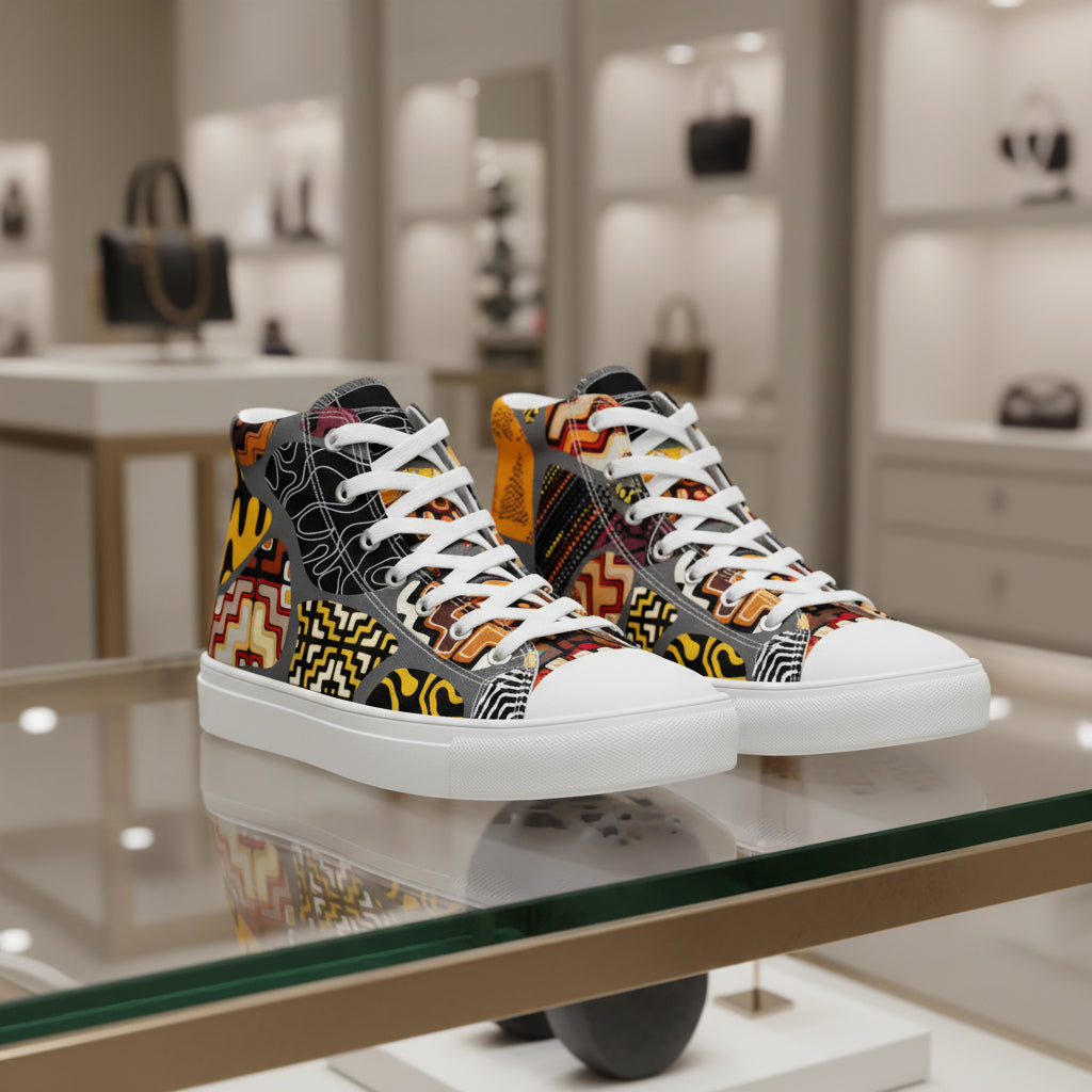 Colorful patterned sneakers on a glass surface with a blurred indoor background