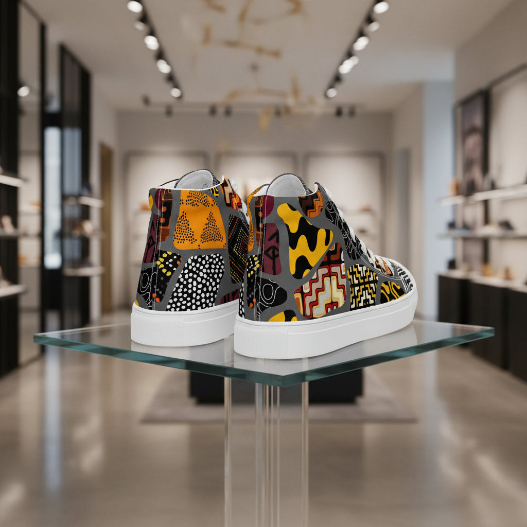 Pair of high-top sneakers with a colorful geometric pattern 