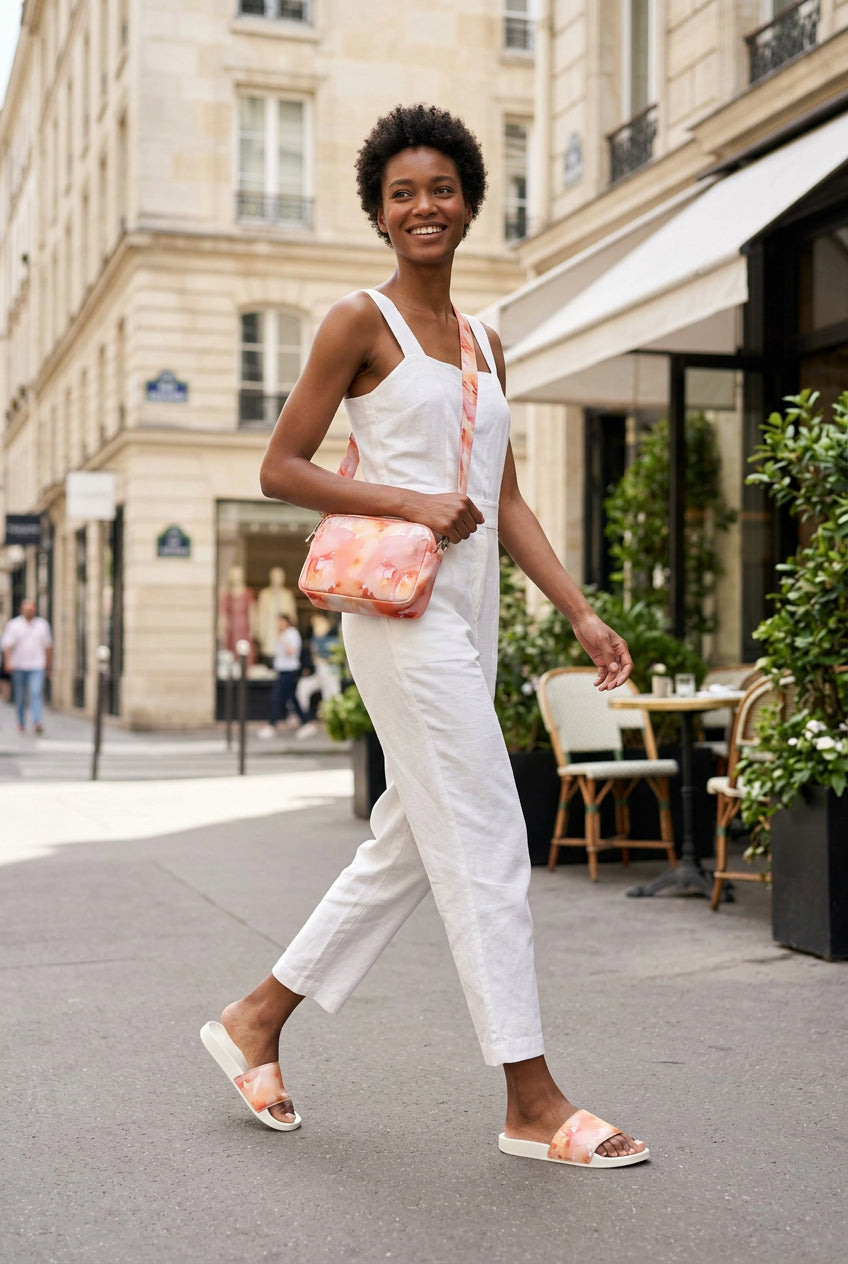 A pair of slide sandals with textured off-white footbeds and wide straps featuring a watercolor floral pattern in shades of peach, orange, and pink, shown from a top-down view on a white background.