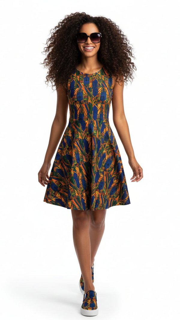 Woman wearing a patterned dress on a white background