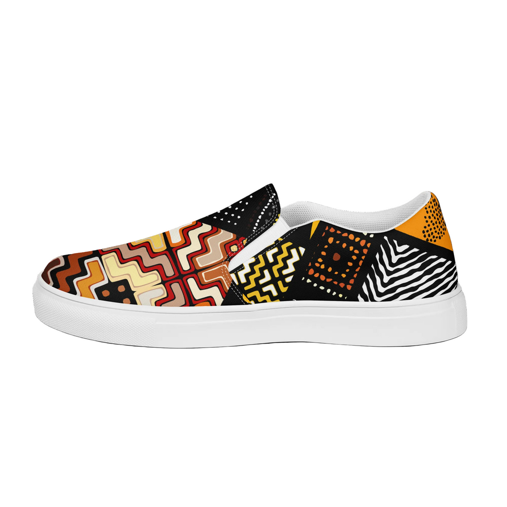 A single slip-on platform sneaker with a vibrant, multicolor geometric and tribal-inspired print on a white platform sole, shown against a plain white background.